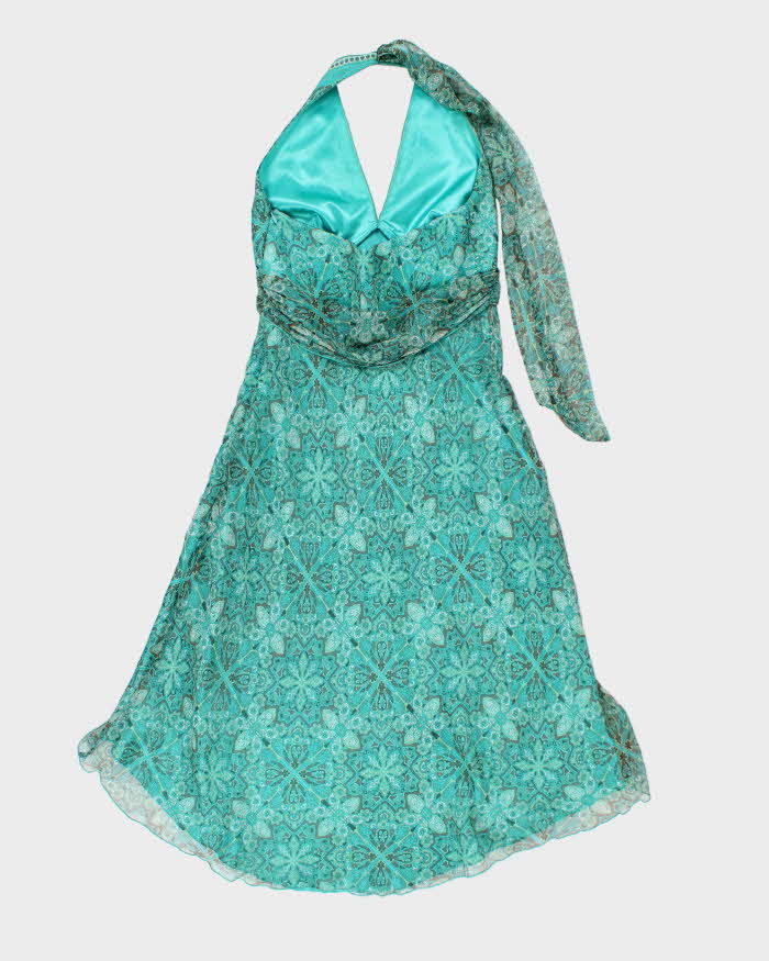 Y2k 00s Blue Pattern Halter Neck Dress - S