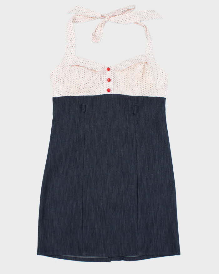 Vintage Halter Denim Polka Dot Dress - L