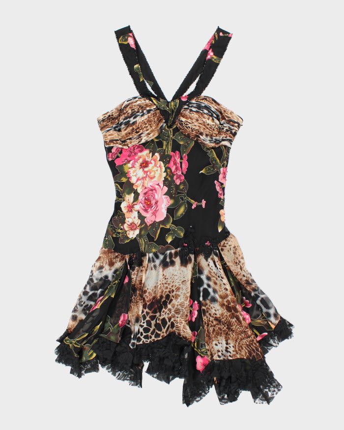 Y2k 00s Diane Freis Beaded Leopard Print Ruffle Dress - M