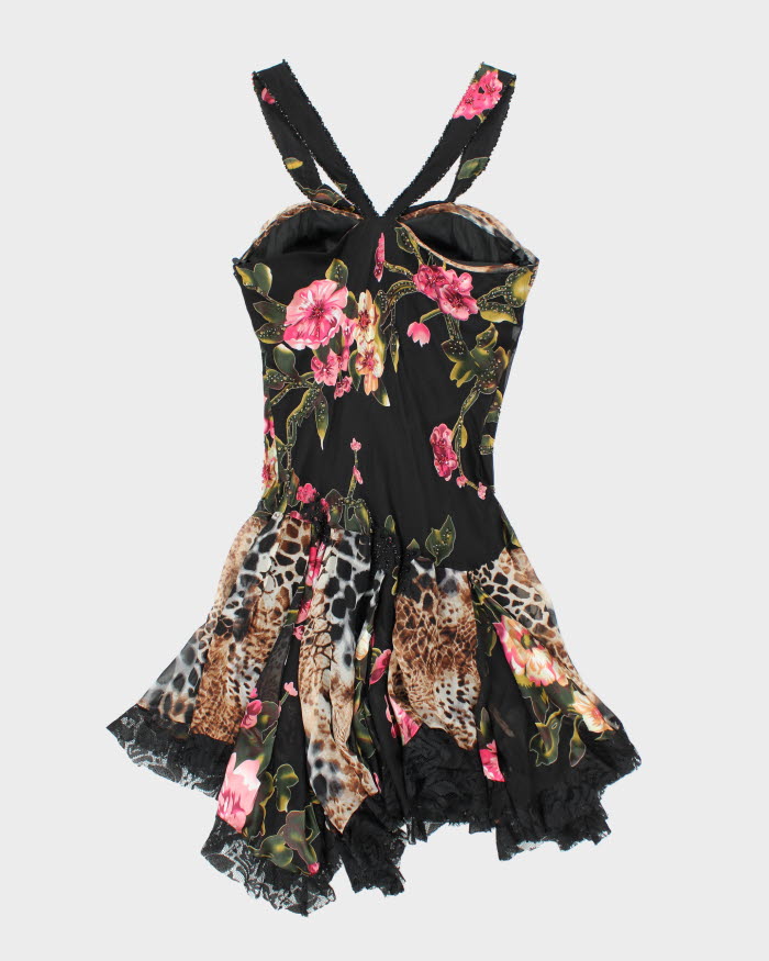 Y2k 00s Diane Freis Beaded Leopard Print Ruffle Dress - M