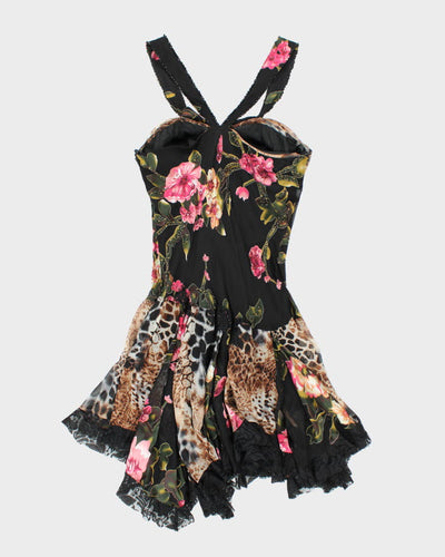 Y2k 00s Diane Freis Beaded Leopard Print Ruffle Dress - M