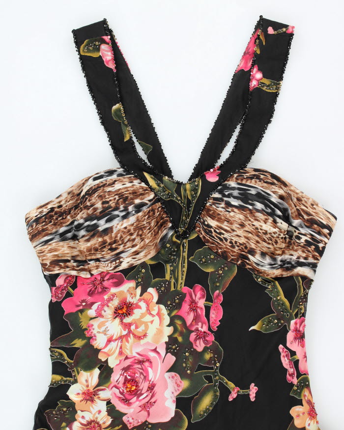 Y2k 00s Diane Freis Beaded Leopard Print Ruffle Dress - M