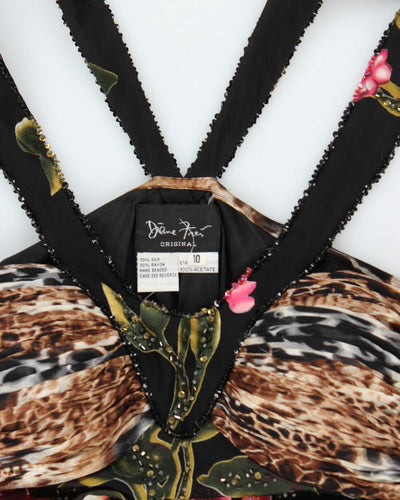 Y2k 00s Diane Freis Beaded Leopard Print Ruffle Dress - M