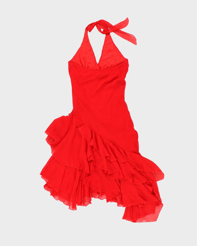 Vintage 90s Red Beaded Ruffle Halter Neck Dress - S