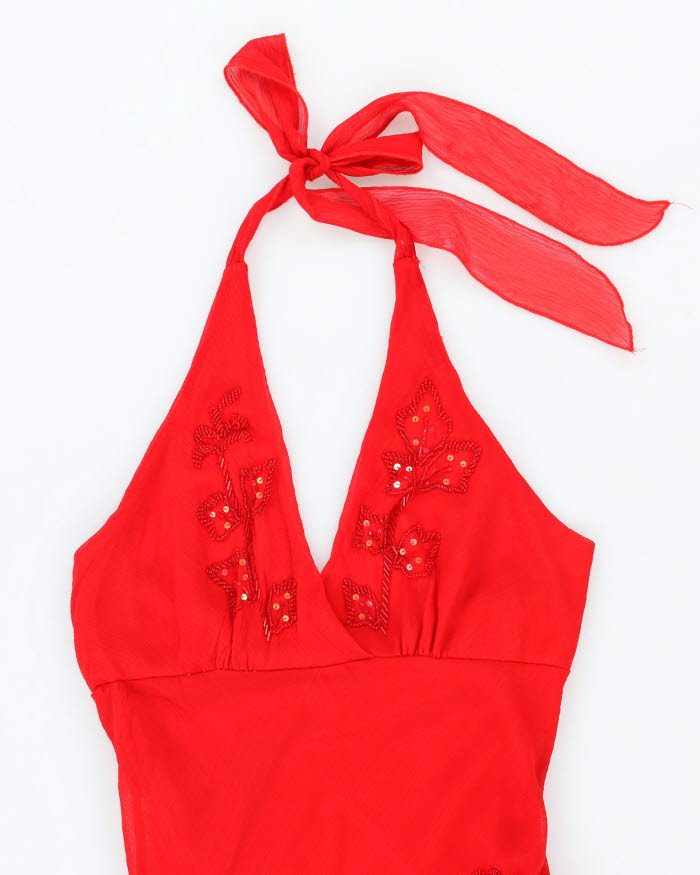 Vintage 90s Red Beaded Ruffle Halter Neck Dress - S Rokit Vintage 90s Red Beaded Ruffle Halter Neck Dress - S Rokit