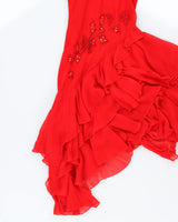 Vintage 90s Red Beaded Ruffle Halter Neck Dress - S