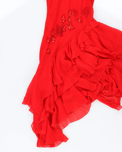 Vintage 90s Red Beaded Ruffle Halter Neck Dress - S