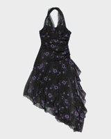 Y2k 00s Halter Neck Asymmetric Floral Sparkly Dress - S