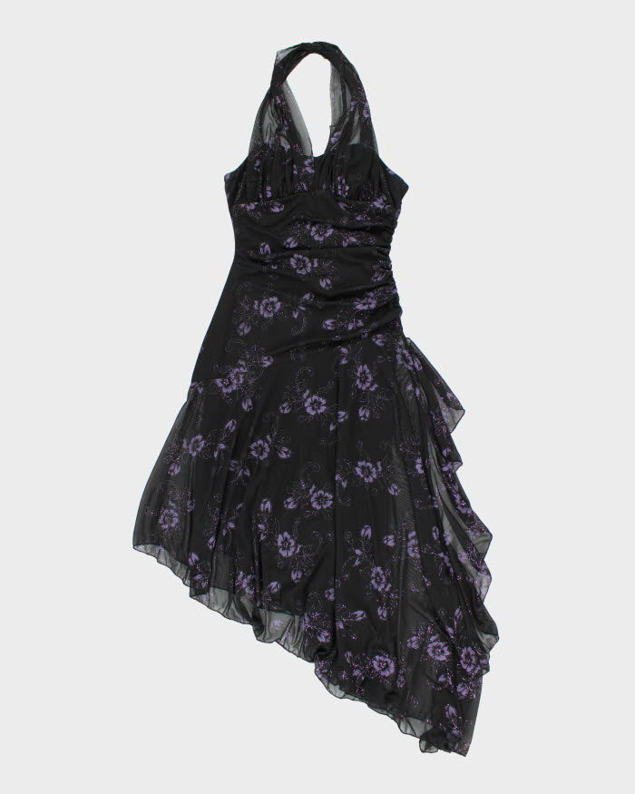 Y2k 00s Halter Neck Asymmetric Floral Sparkly Dress - S