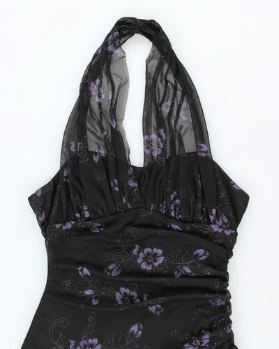 Y2k 00s Halter Neck Asymmetric Floral Sparkly Dress - S