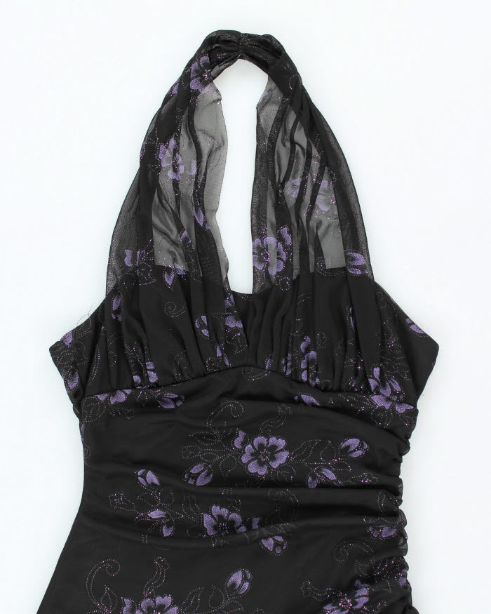 Y2k 00s Halter Neck Asymmetric Floral Sparkly Dress - S