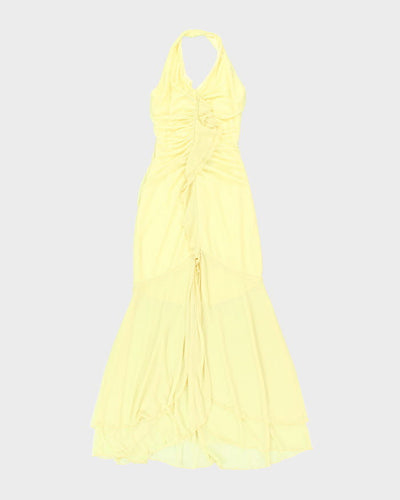 Vintage 90s Yellow Rhinestone Ruffle Halter Neck Dress - XS