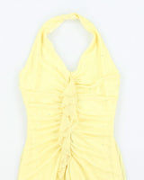 Vintage 90s Yellow Rhinestone Ruffle Halter Neck Dress - XS