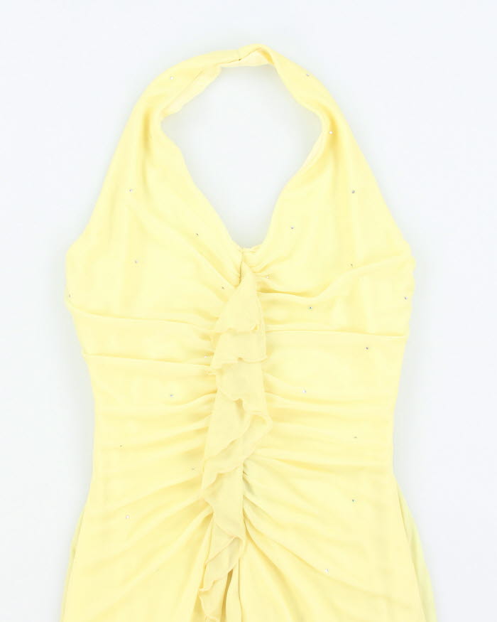 Vintage 90s Yellow Rhinestone Ruffle Halter Neck Dress - XS