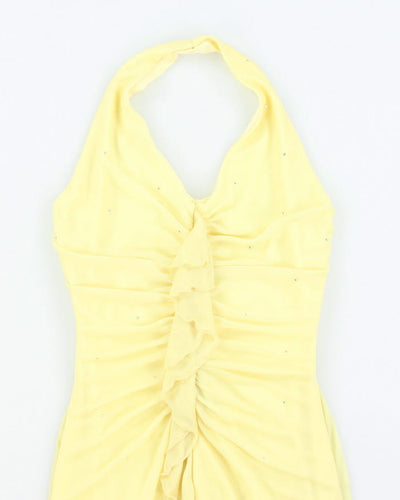 Vintage 90s Yellow Rhinestone Ruffle Halter Neck Dress - XS
