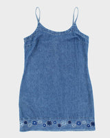 Vintage 90s Blue Asphalt Embroidered Denim Mini Dress - M