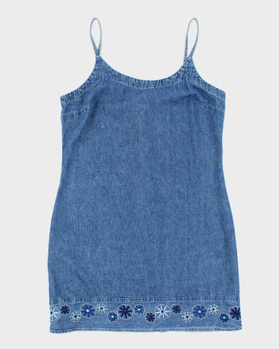 Vintage 90s Blue Asphalt Embroidered Denim Mini Dress - M