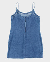 Vintage 90s Blue Asphalt Embroidered Denim Mini Dress - M