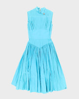 Vintage 50s Pleated Drop Waist Blue Dress - S