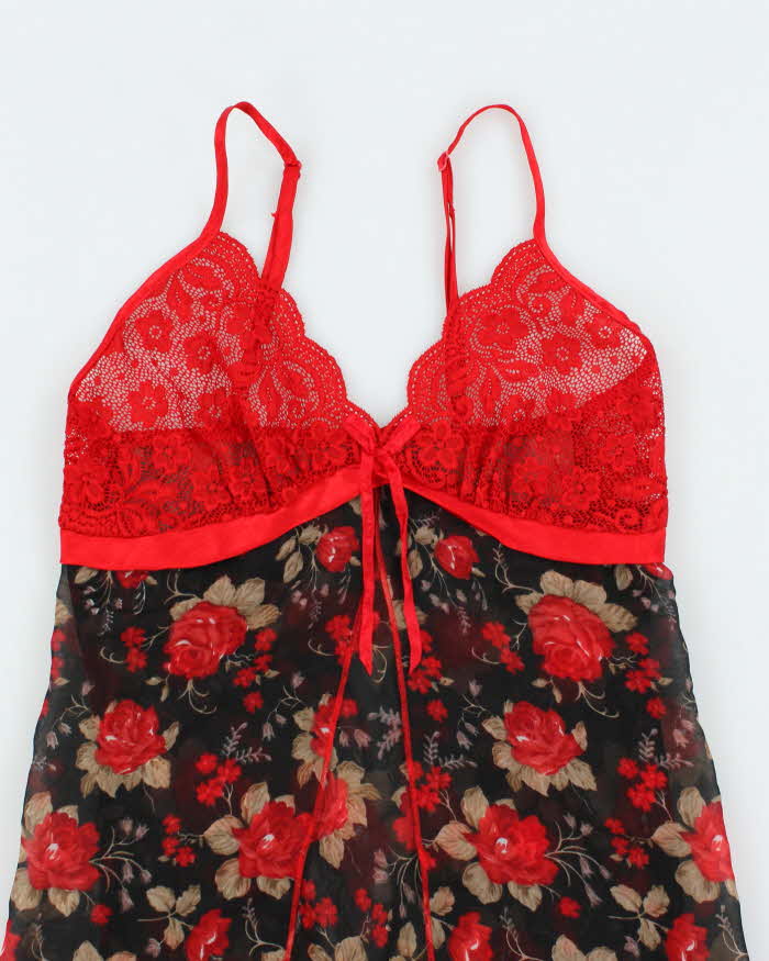 Vintage 90s Floral Mesh Lace Slip Dress - S