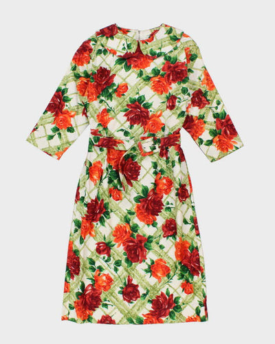 Vintage 60s Orange & Green Floral Dress - S