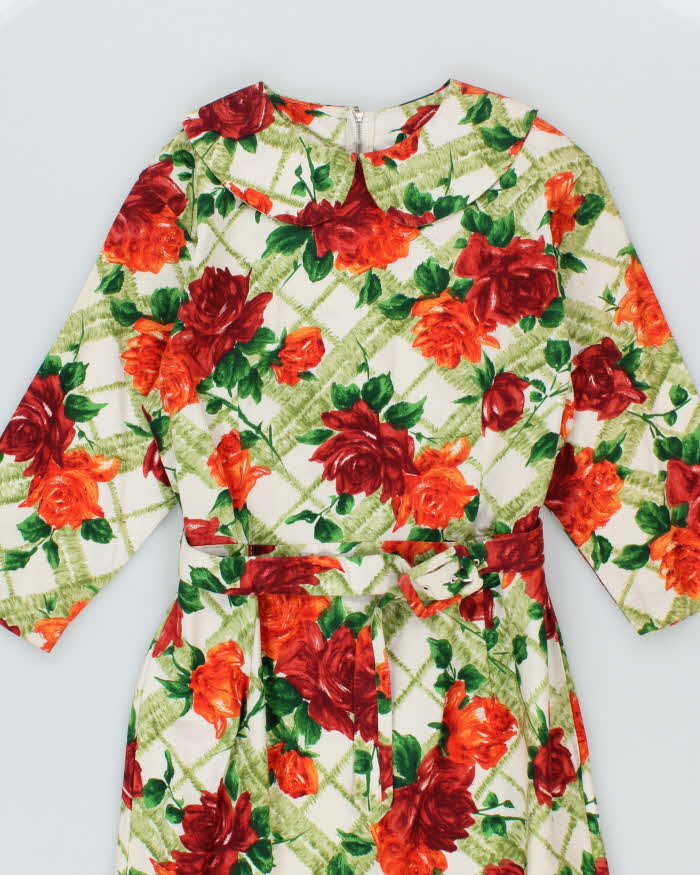 Vintage 60s Orange &amp; Green Floral Dress - S