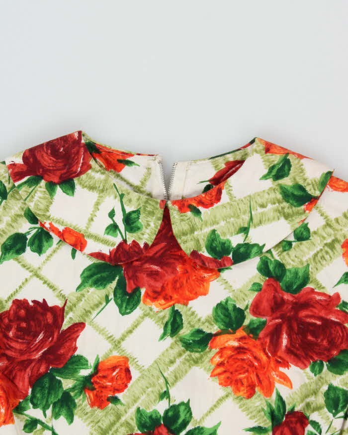 Vintage 60s Orange & Green Floral Dress - S