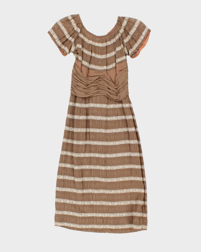 Vintage 50s Brown Lace Ruches Waist Dress - XS