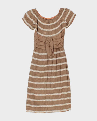 Vintage 50s Brown Lace Ruches Waist Dress - XS