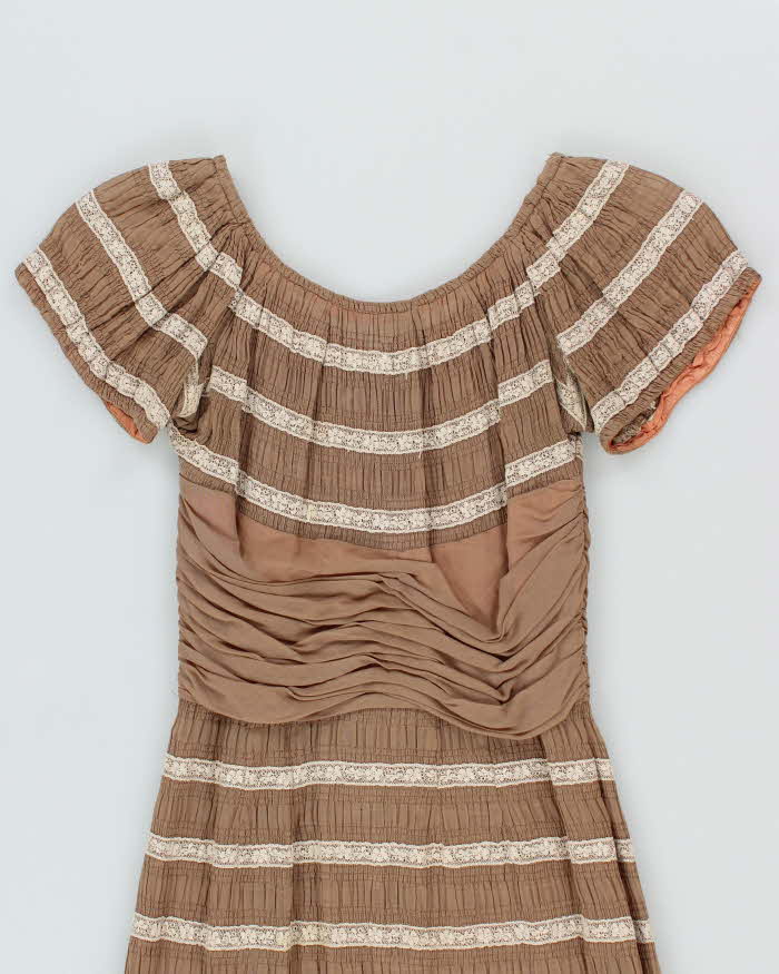 Vintage 50s Brown Lace Ruches Waist Dress - XS