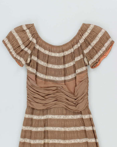 Vintage 50s Brown Lace Ruches Waist Dress - XS