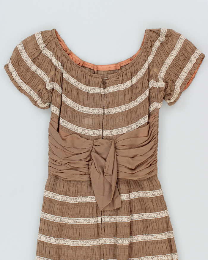 Vintage 50s Brown Lace Ruches Waist Dress - XS