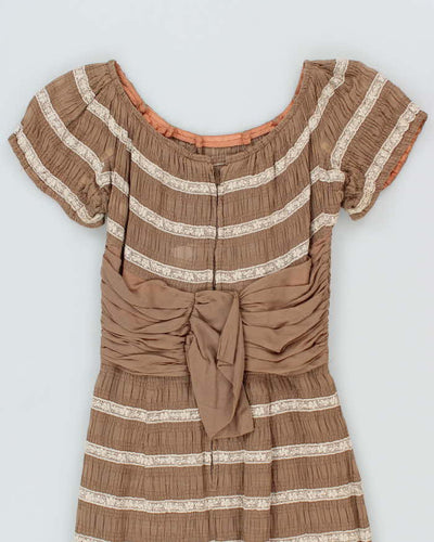 Vintage 50s Brown Lace Ruches Waist Dress - XS