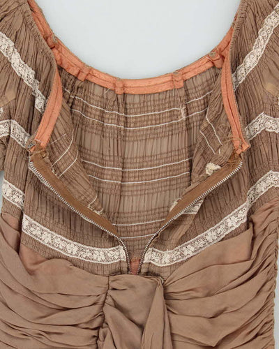 Vintage 50s Brown Lace Ruches Waist Dress - XS