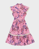 Vintage 70s Pink Floral Lace Trim Dress - S