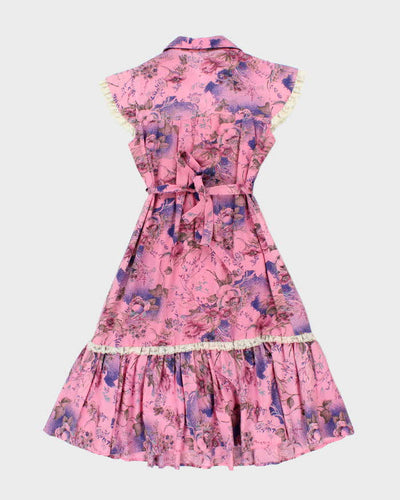 Vintage Pink Floral Lace Trim Dress - S