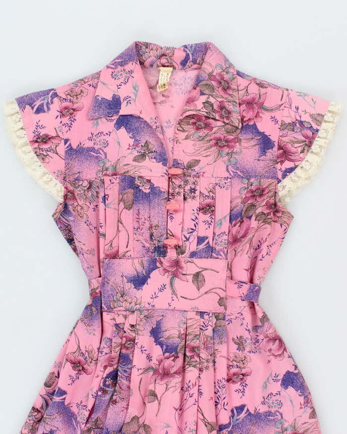 Vintage 70s Pink Floral Lace Trim Dress - S