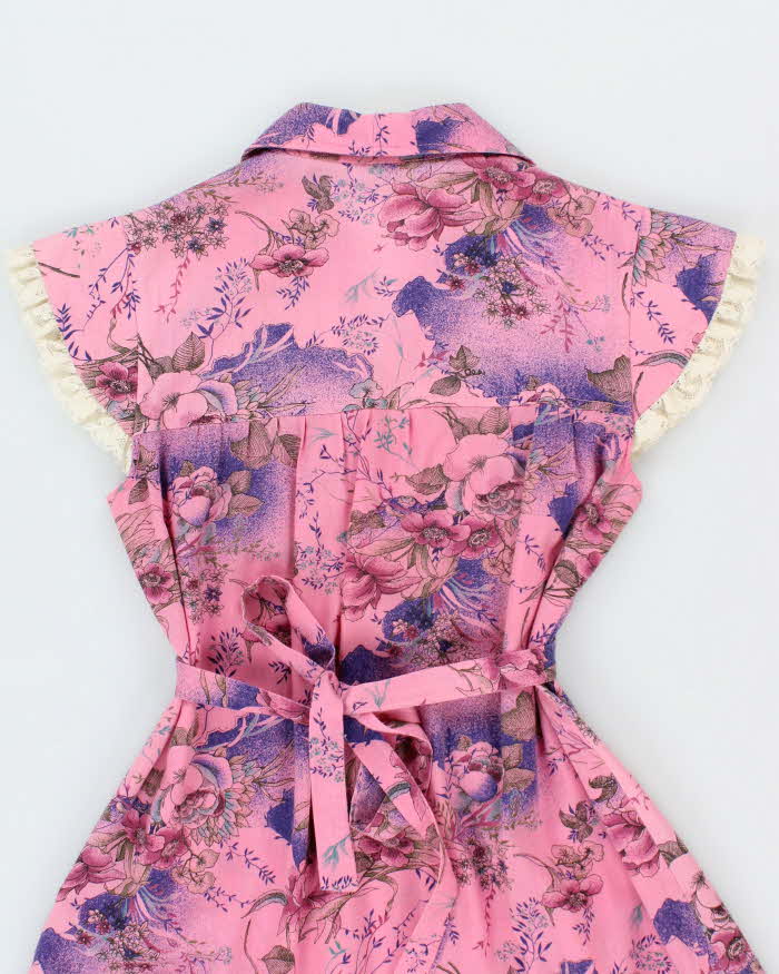 Vintage Pink Floral Lace Trim Dress - S