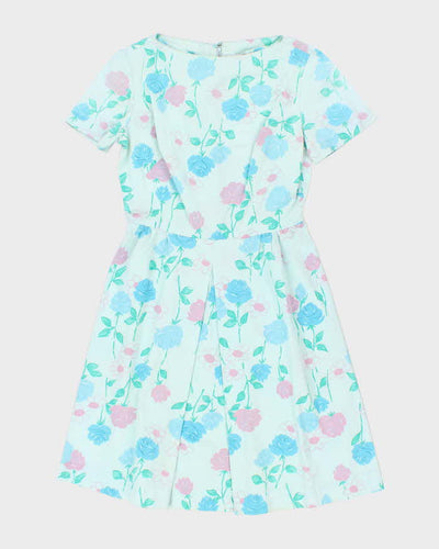Vintage 50s Blue Floral A-Line Dress - M