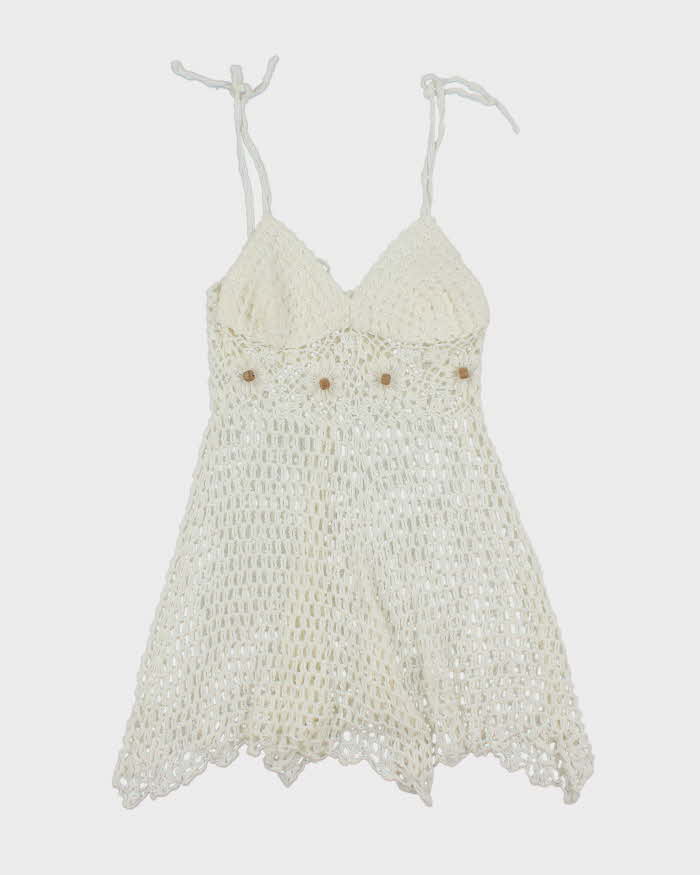White Summer Cover Up Crochet Mini Dress - S