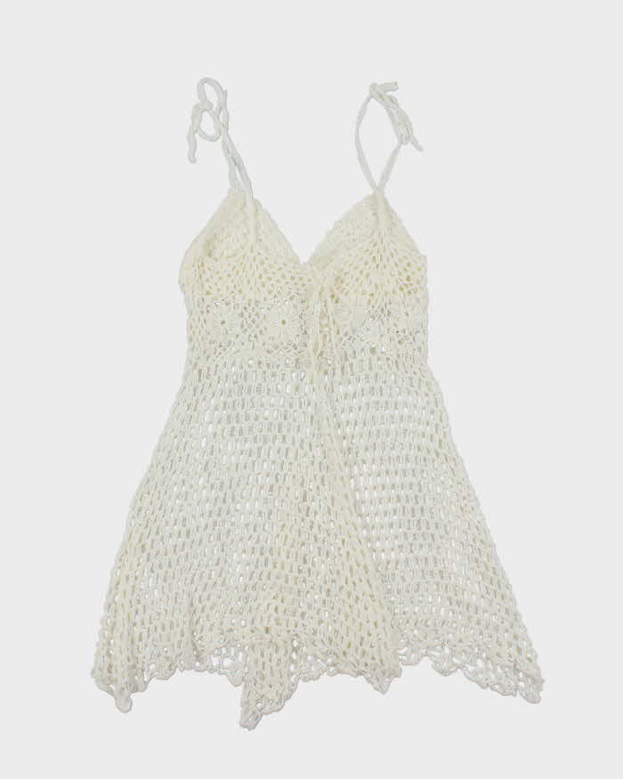 White Summer Cover Up Crochet Mini Dress - S