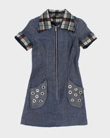 Vintage Y2k 00s Eyelet Tartan Zip-Up Denim Dress - S