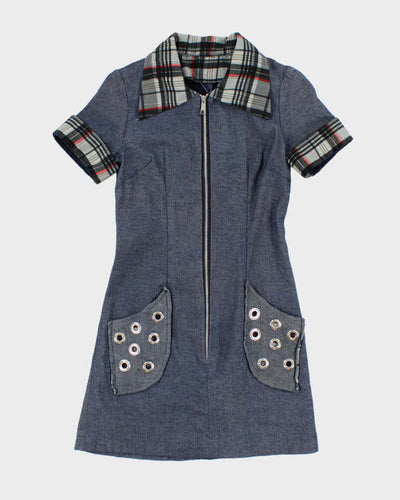 Vintage Y2k 00s Eyelet Tartan Zip-Up Denim Dress - S
