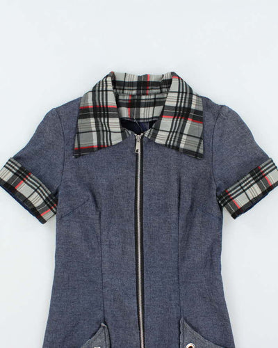 Vintage Y2k 00s Eyelet Tartan Zip-Up Denim Dress - S