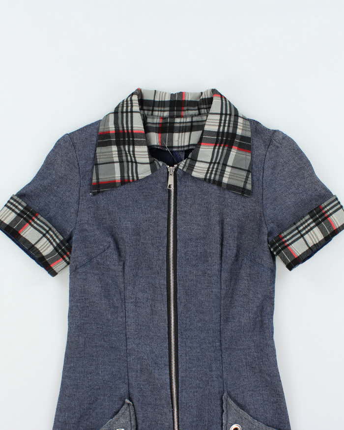 Vintage Y2k 00s Eyelet Tartan Zip-Up Denim Dress - S
