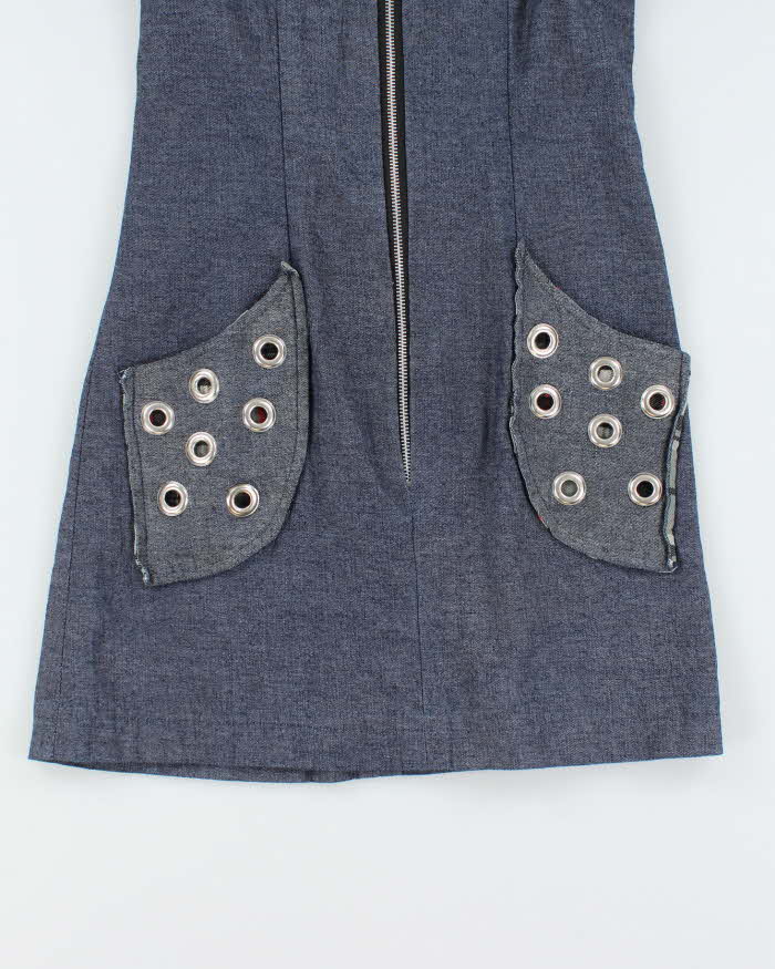 Vintage Y2k 00s Eyelet Tartan Zip-Up Denim Dress - S