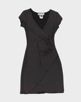 Vintage 1990s Black Polka Dot Wrap-Look Dress - S