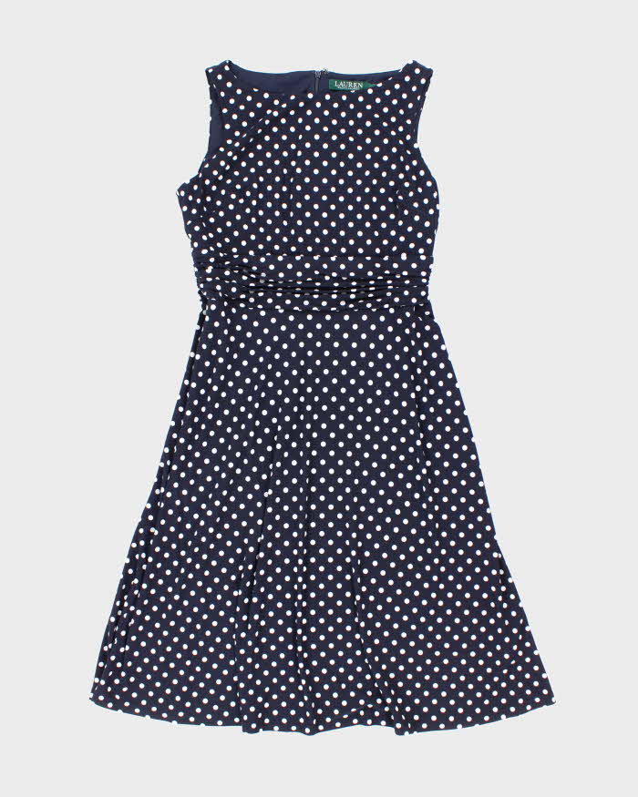 Ralph Lauren Stretchy Navy Blue Polka Dot Picnic Dress - M