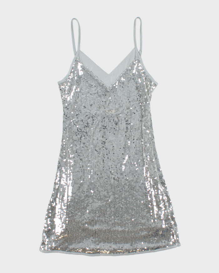Vintage 1990s Silver Sequin Mini Strappy Party Dress - L
