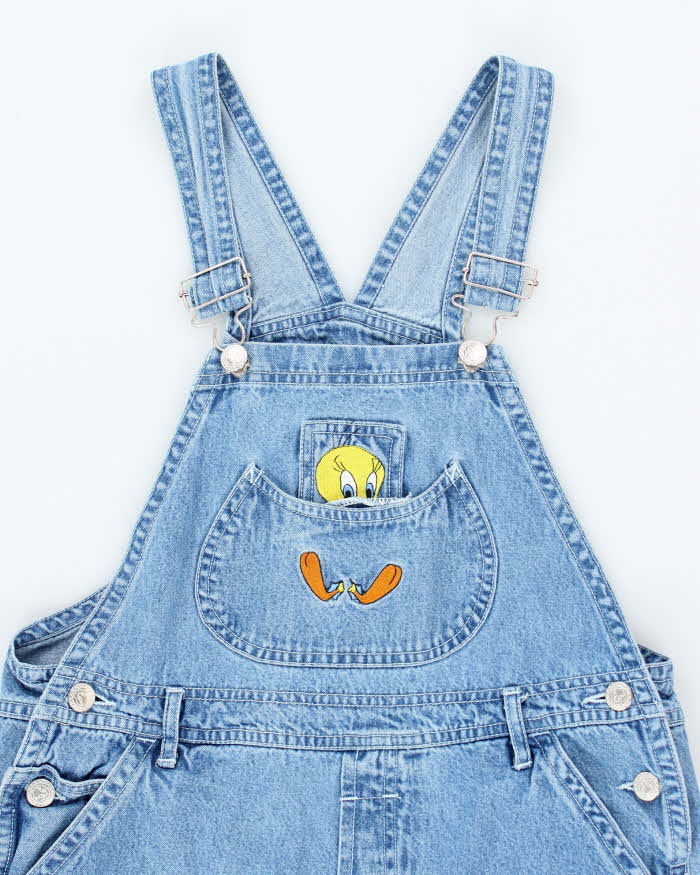 Vintage 90's Looney Tunes Embroidered Light Wash Denim Dungarees - W30 L24